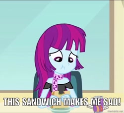 Size: 750x684 | Tagged: safe, edit, edited screencap, imported from derpibooru, screencap, mystery mint, equestria girls, cafeteria, caption, female, food, image macro, meme, sad, sandwich, solo