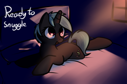 Size: 1280x846 | Tagged: safe, artist:neuro, imported from derpibooru, oc, oc only, object pony, original species, pony, unicorn, bed, bedroom, crepuscular rays, cute, dark, dialogue, female, imminent snuggles, internet pony, looking up, mare, open mouth, ponified, prone, smiling, solo, window