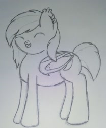 Size: 1836x2204 | Tagged: safe, artist:lingling, imported from derpibooru, oc, oc only, oc:notde, bat pony, pony, cute, eyes closed, lineart, monochrome, pencil drawing, smiling, solo, traditional art