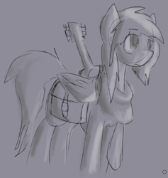 Size: 657x692 | Tagged: safe, artist:candel, imported from derpibooru, oc, oc only, oc:candlelight, pegasus, pony, clothes, guitar, male, saddle bag, scarf, simple background, sketch, solo