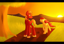 Size: 2800x1900 | Tagged: safe, artist:thebluedreammaker, imported from derpibooru, apple bloom, big macintosh, pony, brother and sister, loose hair, male, missing accessory, path, running, sunset, tree, windswept mane