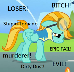 Size: 470x454 | Tagged: safe, edit, edited screencap, imported from derpibooru, screencap, lightning dust, pegasus, pony, abuse, background pony strikes again, downvote bait, dustabuse, edgy, female, image macro, lightning dust drama, meme, op is a duck, op is trying to start shit, sad, solo, text, vulgar