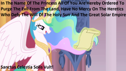 Size: 1280x720 | Tagged: safe, edit, edited screencap, imported from derpibooru, screencap, princess celestia, alicorn, pony, caption, deus vult, edgy, female, image macro, implied death, levitation, magic, mare, meme, op is a duck, op is trying to start shit, open mouth, reading, scroll, sitting, smiling, solar empire, solo, spread wings, telekinesis, throne