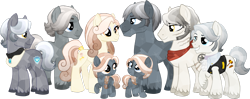 Size: 1280x507 | Tagged: safe, artist:tambelon, imported from derpibooru, oc, oc only, oc:cashmere, oc:pashmina, oc:platinum crest, oc:rose gold, oc:stainless steel, oc:steel wool, oc:sterling silver, oc:titanium shield, crystal pony, pony, bandana, base used, family, female, filly, male, mare, offspring, parent:oc:rose gold, parent:oc:steel wool, scar, siblings, stallion