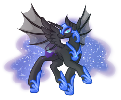 Size: 5000x4129 | Tagged: safe, artist:amazing-artsong, imported from derpibooru, nightmare moon, alicorn, bat pony, bat pony alicorn, pony, absurd resolution, bat wings, female, raised hoof, simple background, smiling, solo, spread wings, transparent background