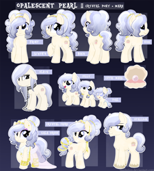 Size: 1500x1664 | Tagged: safe, artist:tambelon, imported from derpibooru, oc, oc only, oc:opalescent pearl, crystal pony, pony, chains, clothes, collar, dress, female, filly, jewelry, mare, reference sheet, rule 63, solo