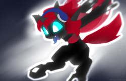 Size: 2300x1480 | Tagged: safe, artist:n0nnny, imported from derpibooru, oc, oc only, oc:record scratch, changeling, changeling oc, flying, glowing eyes, headphones, open mouth, red changeling, solo, tongue out