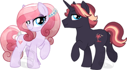 Size: 900x501 | Tagged: safe, artist:tambelon, imported from derpibooru, oc, oc only, oc:razzle dazzle, oc:sunset sky, crystal pony, pony, unicorn, female, jewelry, male, mare, stallion, watermark