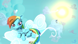 Size: 3840x2160 | Tagged: safe, artist:cutthroadstreak, imported from derpibooru, derpy hooves, rainbow dash, pegasus, pony, 3d, cloud, duo, female, high res, hooves, looking at you, lying on a cloud, mare, on a cloud, on side, resting, side, sitting, sky, source filmmaker, sun, wings
