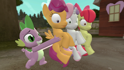 Size: 1024x576 | Tagged: safe, artist:cryotimberwolf, imported from derpibooru, apple bloom, scootaloo, spike, sweetie belle, dragon, just for sidekicks, 3d, crusadespike, cutie mark crusaders, female, male, scene interpretation, scootaspike, shipping, source filmmaker, spike gets all the mares, spikebelle, spikebloom, straight