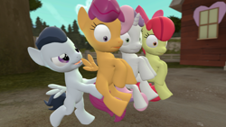 Size: 1024x576 | Tagged: safe, artist:cryotimberwolf, imported from derpibooru, apple bloom, rumble, scootaloo, sweetie belle, 3d, cutie mark crusaders, rumble gets all the crusaders, source filmmaker