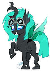 Size: 1408x1888 | Tagged: safe, artist:sugahfox, imported from derpibooru, oc, oc only, changeling, changeling oc, female, goggles, raised hoof, simple background, solo, transparent background