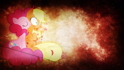 Size: 1600x900 | Tagged: safe, artist:revelan13, artist:stupidlittlecreature, edit, imported from derpibooru, applejack, pinkie pie, applepie, blushing, female, lesbian, licking, shipping, sitting, tongue out, wallpaper, wallpaper edit, watermark