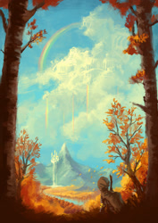 Size: 1174x1660 | Tagged: safe, artist:plainoasis, imported from derpibooru, zecora, zebra, autumn, canterlot, cloak, clothes, cloud, cloudsdale, female, iphone wallpaper, leaf, mountain, rainbow, rainbow waterfall, river, scenery, scenery porn, sky, solo, staff, tree, wallpaper