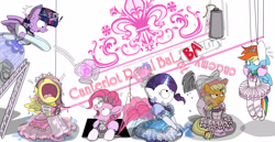 Size: 3100x1600 | Tagged: safe, artist:avchonline, imported from derpibooru, applejack, fluttershy, pinkie pie, rainbow dash, rarity, twilight sparkle, alicorn, earth pony, pegasus, pony, unicorn, ballerina, ballet, ballet slippers, bipedal, canterlot royal ballet academy, clothes, crying, dress, epic fail, evening gloves, fail, female, final destination, food, gloves, jewelry, ladder, long gloves, mane six, mare, mop, pantyhose, pinkie sense, shoes, style emulation, tea, teapot, this will end in pain, tiara, trapdoor, tutu, twilight sparkle (alicorn), twitchy tail