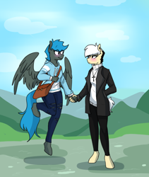 Size: 1106x1309 | Tagged: safe, artist:redxbacon, imported from derpibooru, oc, oc only, oc:jade shine, oc:note clip, anthro, earth pony, pegasus, unguligrade anthro, blushing, clothes, female, holding hands, lesbian, mare, shipping