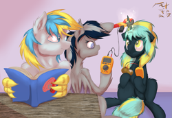 Size: 1249x861 | Tagged: safe, artist:frist44, imported from derpibooru, oc, oc only, oc:cirrus sky, oc:daturea eventide, oc:electro current, bat pony, hippogriff, pony, unicorn, cirrent, clamp meter, cute, digital multimeter, electricity, experiment, fluffy, food, for science, hoof hold, measuring, musical instrument, potato, reading, superconductor