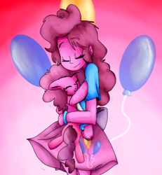 Size: 1000x1083 | Tagged: safe, artist:tuffjenny, imported from derpibooru, pinkie pie, earth pony, human, pony, equestria girls, balloon, beautiful, bracelet, clothes, cute, cutie mark background, diapinkes, duo, eyes closed, female, floppy ears, gradient background, holding a pony, hug, human ponidox, jewelry, mare, self ponidox, skirt, smiling