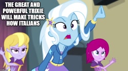 Size: 896x500 | Tagged: artist needed, safe, edit, edited screencap, imported from derpibooru, screencap, fuchsia blush, lavender lace, trixie, equestria girls, rainbow rocks, female, image macro, meme, trixie and the illusions, trixie yells at everything