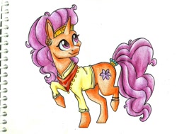 Size: 1024x776 | Tagged: safe, artist:twixyamber, imported from derpibooru, saffron masala, pony, female, raised hoof, solo, traditional art