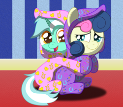 Size: 2300x2000 | Tagged: safe, artist:spellboundcanvas, imported from derpibooru, bon bon, lyra heartstrings, sweetie drops, earth pony, pony, unicorn, adorabon, clothes, cute, duo, female, filly, footed sleeper, hug, hug from behind, looking at each other, looking back, lyrabetes, open mouth, pajamas, smiling, spellboundcanvas is trying to murder us, younger