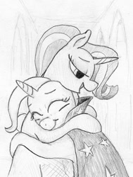 Size: 521x688 | Tagged: safe, artist:t72b, derpibooru exclusive, imported from derpibooru, starlight glimmer, trixie, pony, unicorn, female, happy, hug, mare, missing accessory, monochrome, traditional art