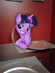 Size: 1932x2576 | Tagged: safe, artist:pablomen13, artist:tomfraggle, imported from derpibooru, twilight sparkle, alicorn, pony, bedroom eyes, chair, female, irl, lidded eyes, mare, photo, plate, ponies in real life, pose, restaurant, solo, table, twilight sparkle (alicorn), vector