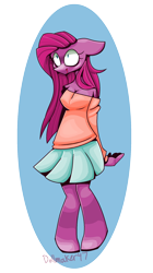 Size: 1313x2345 | Tagged: safe, artist:dollmaker47, imported from derpibooru, pinkie pie, anthro, blood, boots, clothes, female, nosebleed, pinkamena diane pie, shirt, shoulderless, skirt, solo