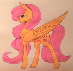 Size: 1024x1000 | Tagged: safe, artist:oneiria-fylakas, imported from derpibooru, applejack, fluttershy, oc, oc:apple goldy, pegasus, pony, appleshy, female, fusion, mare, solo, traditional art