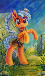 Size: 470x794 | Tagged: safe, artist:maytee, imported from derpibooru, oc, oc only, oc:veoria, earth pony, pony, braided ponytail, clothes, cute, female, gift art, grass, looking at you, mare, raised hoof, rearing, shorts, smiling, solo, traditional art