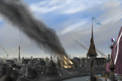 Size: 1800x1200 | Tagged: safe, artist:yinglongfujun, artist:yinglung, imported from derpibooru, canterlot, canterlot castle, canterlot library, city, cityscape, civil war, equestria rodeo stadium, fire, flag, french, houses, on fire, revolution, smoke, waterfall
