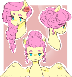 Size: 842x900 | Tagged: safe, artist:milky-rabbit, imported from derpibooru, fluttershy, pegasus, pony, alternate hairstyle, bust, cute, female, flower, flower in hair, looking at you, looking away, no pupils, portrait, smiling, solo, spread wings