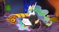 Size: 4780x2585 | Tagged: safe, artist:nxzc88, imported from derpibooru, princess celestia, oc, oc:rubbergrip, alicorn, earth pony, latex pony, pony, absurd resolution, crying, eyes closed, hug, latex, living latex, prone, tears of joy, vector