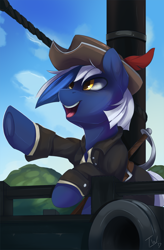 Size: 1020x1556 | Tagged: safe, artist:tangomangoes, imported from derpibooru, oc, oc only, earth pony, pony, clothes, cloud, commission, hat, male, open mouth, pirate, pointing, ship, signature, sky, smiling, solo, stallion, sword, weapon