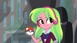 Size: 1280x720 | Tagged: artist needed, safe, edit, edited screencap, imported from derpibooru, screencap, lemon zest, equestria girls, bowtie, clothes, crystal prep academy, crystal prep academy uniform, headphones, poké ball, pokéball, pokémon, school uniform