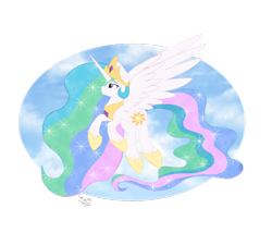 Size: 1024x878 | Tagged: safe, artist:princesssnowfreeze, imported from derpibooru, princess celestia, alicorn, pony, crown, female, flying, jewelry, peytral, regalia, solo, spread wings