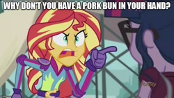 Size: 800x450 | Tagged: safe, edit, edited screencap, imported from derpibooru, screencap, sci-twi, sunset shimmer, twilight sparkle, equestria girls, angry, caption, exploitable meme, image macro, meme, sleeping dogs, sunset yells at twilight