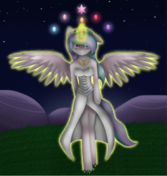 Size: 563x592 | Tagged: safe, artist:madelyn7, imported from derpibooru, princess celestia, alicorn, anthro, unguligrade anthro, clothes, elements of harmony, female, looking at you, magic, solo, spread wings