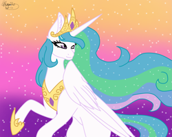 Size: 2047x1638 | Tagged: safe, artist:minty25, imported from derpibooru, princess celestia, alicorn, pony, bipedal, collaboration, crown, jewelry, peytral, regalia, smiling