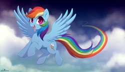 Size: 1280x737 | Tagged: safe, artist:verawitch, deleted from derpibooru, imported from derpibooru, rainbow dash, cloud, flying, looking at you, night, open mouth, sky, solo, stars