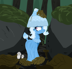 Size: 1760x1699 | Tagged: safe, artist:paskanaakka, derpibooru exclusive, imported from derpibooru, trixie, mushroom pony, original species, evil grin, female, forest, grin, i can't believe it's not badumsquish, leaves, mushroom, rock, shroomsie, smiling, solo, species swap, wat