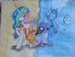 Size: 1024x768 | Tagged: safe, artist:snowshine5, imported from derpibooru, princess celestia, princess luna, alicorn, pony, clothes, dress, duo, photo, royal sisters, traditional art