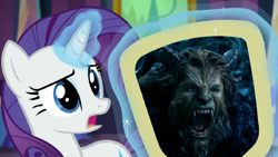 Size: 1366x768 | Tagged: safe, imported from derpibooru, rarity, castle sweet castle, 2017, beast, beauty and the beast, exploitable meme, meme, mirror, rarity's mirror