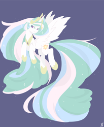 Size: 1024x1251 | Tagged: safe, artist:m8rquise, imported from derpibooru, princess celestia, alicorn, pony, crown, female, flying, jewelry, looking at you, mare, peytral, regalia, simple background, smiling, solo, spread wings