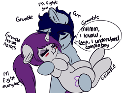 Size: 1280x967 | Tagged: safe, artist:wickedsilly, imported from derpibooru, oc, oc only, oc:sleepy head, oc:wicked silly, pony, unicorn, :t, blush sticker, blushing, carrying, comforting, couple, cute, descriptive noise, dialogue, ear fluff, eyes closed, female, grumpy, horse noises, male, mare, oc x oc, ocbetes, ponysona, shipping, simple background, stallion, straight, white background, wickedsleepy