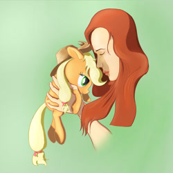 Size: 1024x1024 | Tagged: safe, artist:stratodraw, imported from derpibooru, applejack, pony, brony, cowboy hat, cute, female, filly, gradient background, hat, holding a pony, little, petting, woman