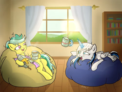 Size: 1920x1440 | Tagged: safe, artist:helmie-art, artist:helmie-d, imported from derpibooru, oc, oc only, oc:helmie, oc:rocky harmony, alicorn, earth pony, pony, alicorn oc, duo, glowing horn, hoof hold, magic, morning, telekinesis
