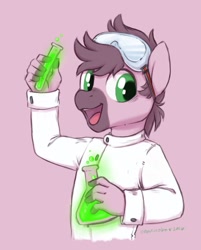 Size: 967x1200 | Tagged: safe, artist:onnanoko, imported from derpibooru, oc, oc only, oc:calpain, anthro, bust, clothes, goggles, lab coat, open mouth, pink background, science, simple background, smiling, solo
