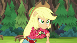 Size: 1280x720 | Tagged: safe, imported from derpibooru, screencap, applejack, equestria girls, legend of everfree, boho, camp fashion show outfit, clothes, female, freckles, picnic table, ponied up, shorts, solo, table, tree