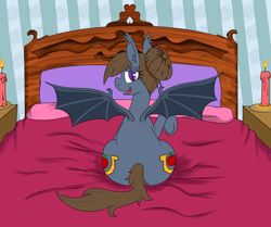 Size: 3000x2511 | Tagged: safe, artist:liserancascade, imported from derpibooru, oc, oc only, oc:sown seed, bat pony, pony, bed, both cutie marks, sitting, solo